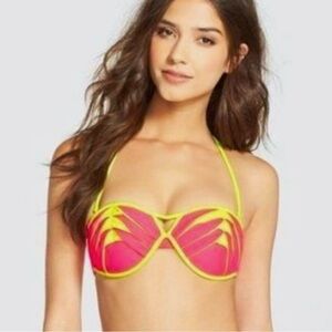 Beach Bunny Swimwear Sz S 'Lunar' Bandeau Bikini Top Pleated Neon Yellow/Pink